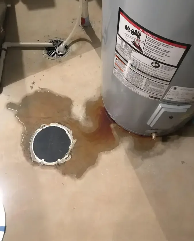 Water pools beside a heater base and an open floor drain