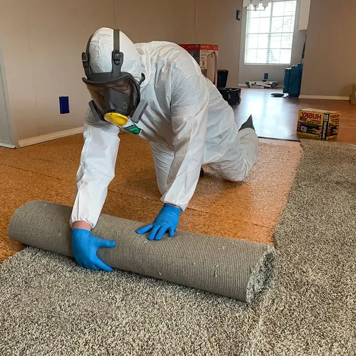 A worker wearing protective clothing rolls up carpet in a living room