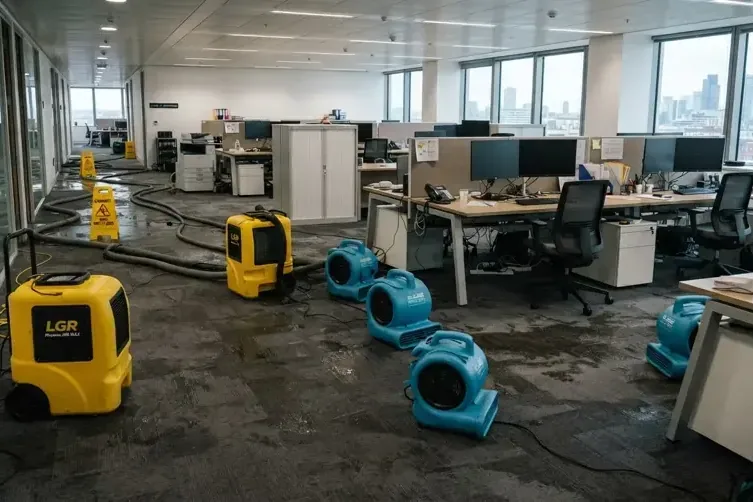 Air movers and dehumidifiers drying a wet office floor