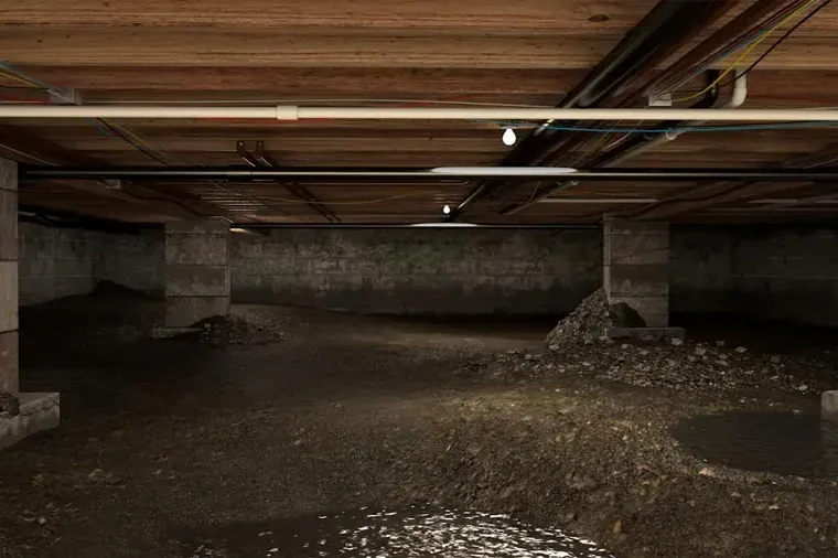 Water covers the ground beneath exposed wooden floor framing in a crawl space