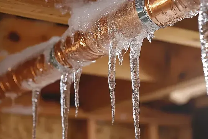 Icicles hanging from a frozen copper pipe in an unheated space