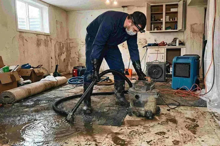 A worker wearing gloves and a mask extracts dirty water from a stripped room